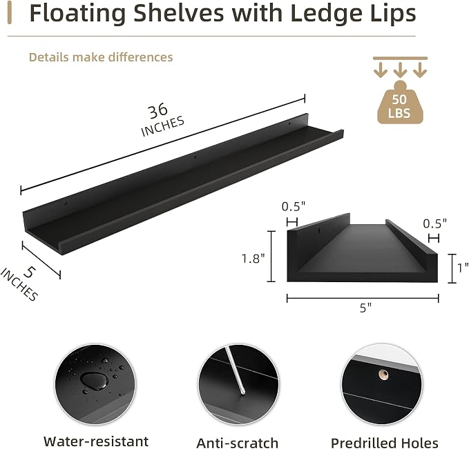 Acovy 36 inch Picture Ledge Shelf, Wood Floating Shelves, Black, Set of 2 | Wall Mounted, For Living Room Kids' Room Bedroom, Photo Ledge Nursery Book Shelves