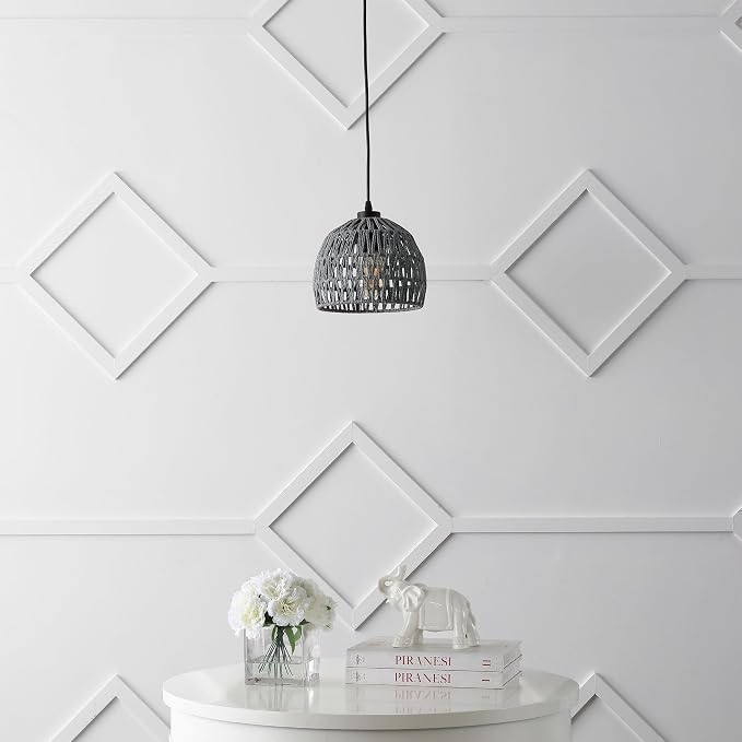 JONATHAN Y 8.25" Gray Modern Bohemian Woven Rope LED Pendant Light Fixture, Adjustable Dome Ceiling Lamp for Kitchen Island, Rope Shade, Coastal Farmhouse Decor (JYL6512D)