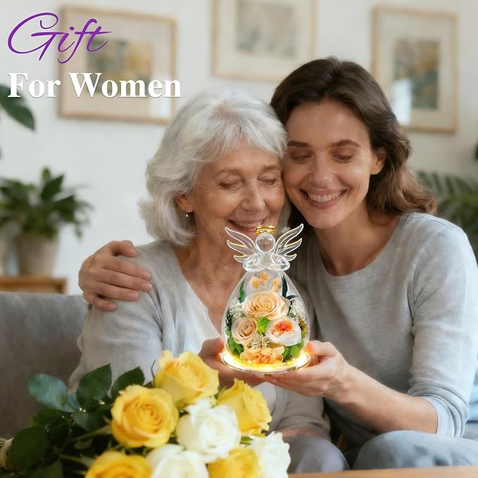 MOKOQI Gifts for Mom Birthday Gifts for Women | Forever Rose Preserved Flower in Glass Fresh Flowers for Delivery Prime, Real Rose Angel Figurine Mother’s Day Gift for Mother in Law Grandma Sister