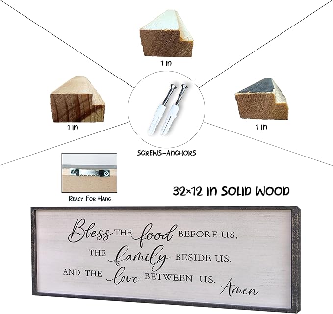 Surfapans Bless the Food Before Us Wall Decor, 32"X12" Farmhouse Dining Room Family Kitchen Sign, Christian Bible Verse Scripture Vintage Home Framed Wood Wall Art (Black)