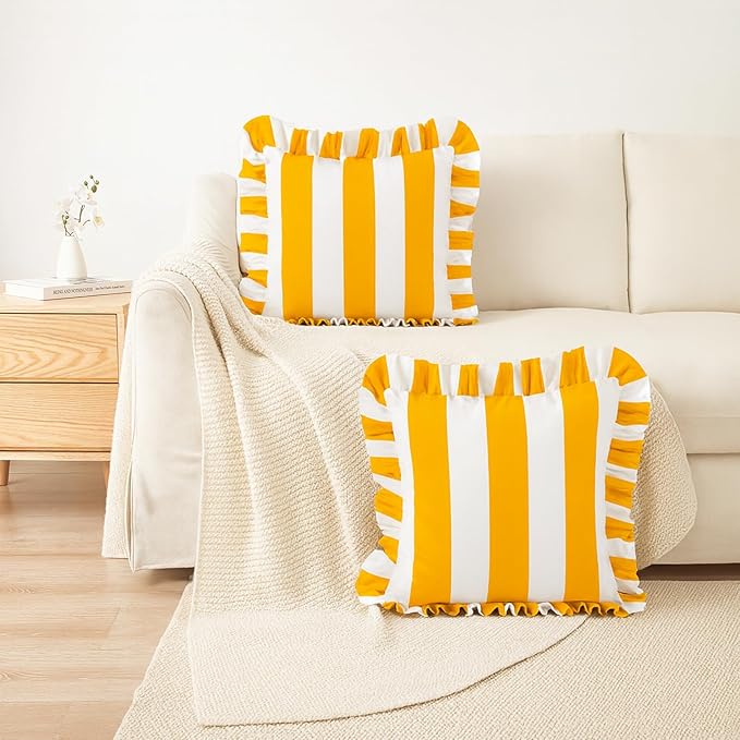 MONDAY MOOSE Decorative Throw Pillow Covers, Set of 2 Water-Resistant Striped Design with Ruffle Edge for Outdoor/Indoor Use, Pillow Inserts Not Included (16x16 inch, Golden Yellow/White)