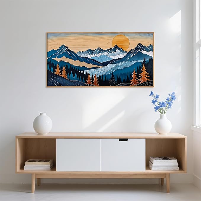 Boho Vintage Mountain Framed Canvas Wall Art Set, Blue Abstract Ridge Wall Decor,Woodcut Pine Tree Landscape Wall Painting,Sunrise Forest Art Print for Living Room,Bedroom,Office-20 X40