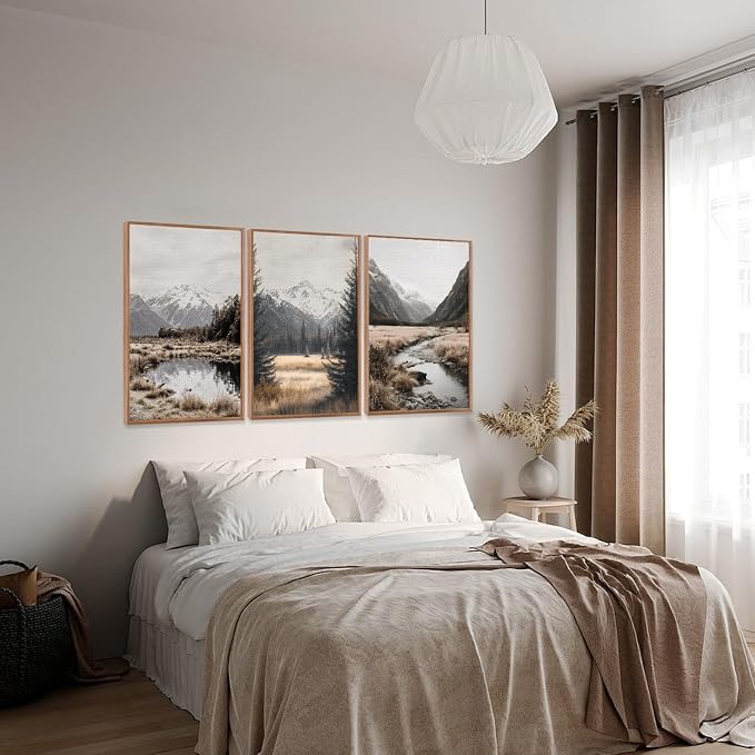 LHIUEM Snowy Mountain Framed Canvas Wall Art,Modern Winter Wall Decor,Neutral Pine Tree Painting,Misty Forest Landscape Artwork for Living Room,Bedroom,Dining Room -16"x24"x3