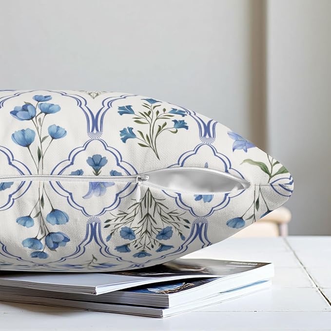 Blue Green Flower Block Print Pillow Covers Spring Summer Rustic Boho Throw Pillow Covers 18x18 Vintage Floral Pillow Cases for Home Farmhouse Bed Sofa Couch Decor 2 Pack