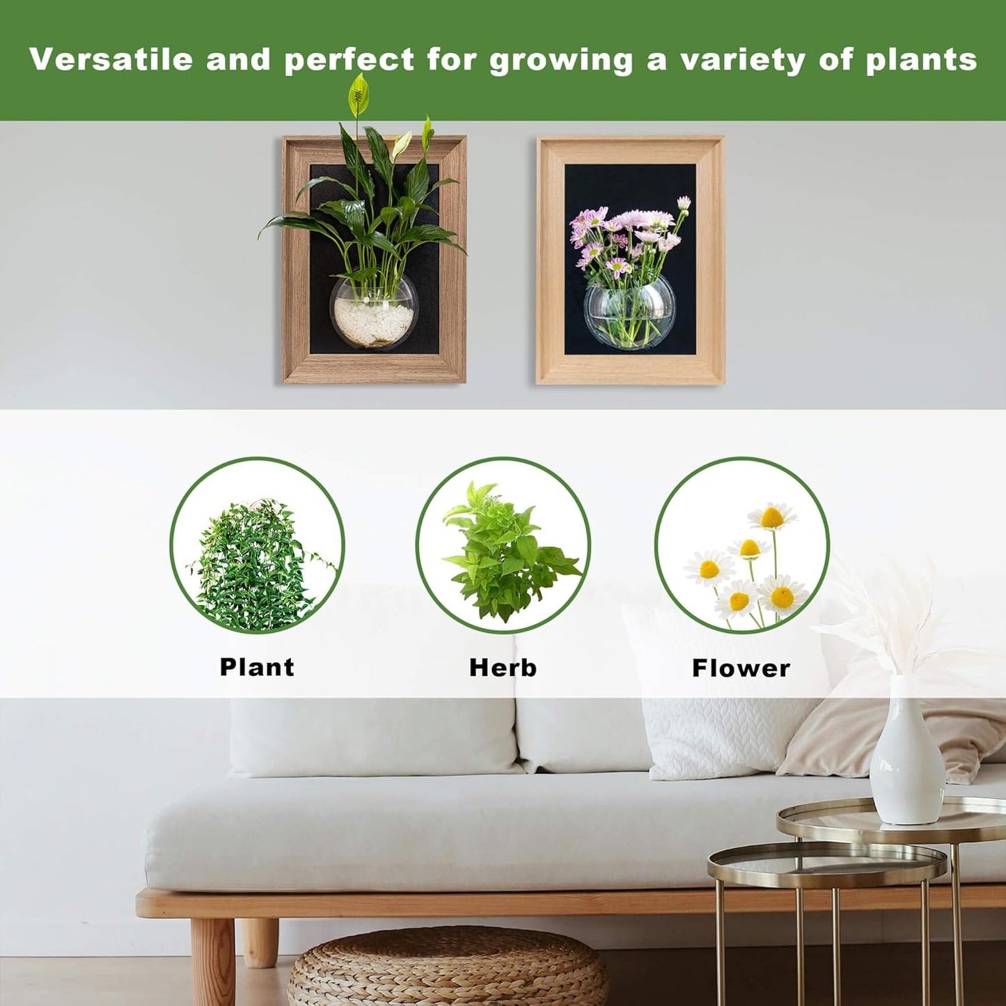 Wooden Frame Wall Hanging Planter for Hydroponic Plants，12X16 inch Wall Vase with Round Acrylic Propagation Station，Bathroom, Office, or Living Room Décor, Set of 2 Mix