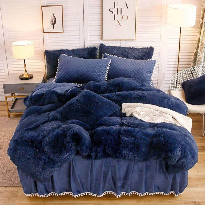 LIFEREVO Luxury Plush Shaggy Duvet Cover Set, Soft Velvet Fluffy Furry Duvet Cover Set(1 Faux Fur Fuzzy Comforter Cover + 2 Pom Poms Pillowcases) Solid Bedding Set, Zipper Closure(Full/Queen, Navy)
