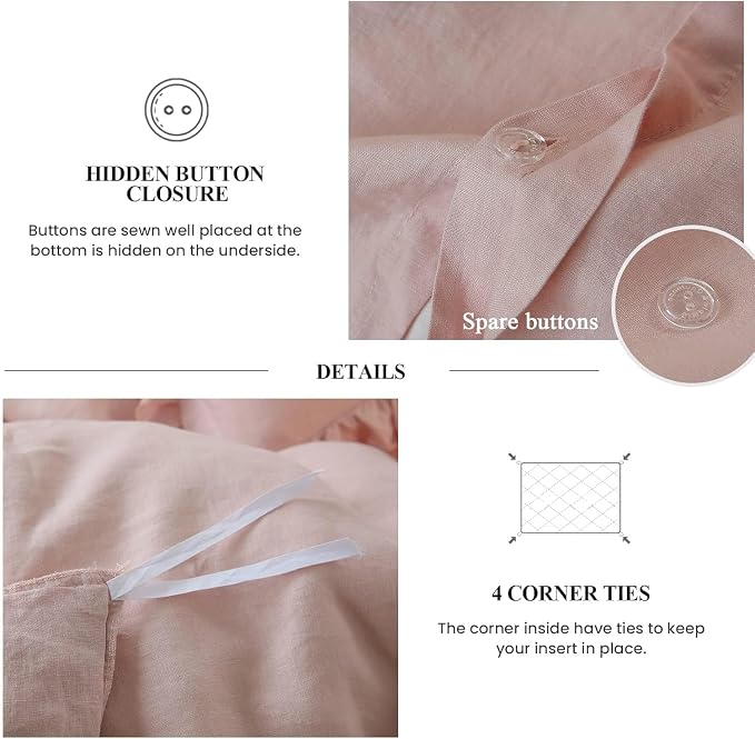 Simple&Opulence 100% Linen Duvet Cover Set, 3 PCS Natural French Flax Blush Pink Ruffle Duvet Cover Queen Size, Breathable Comfy Linen Bedding Comforter Cover with 2 Pillowcases(Blush Pink, 88" X 92")