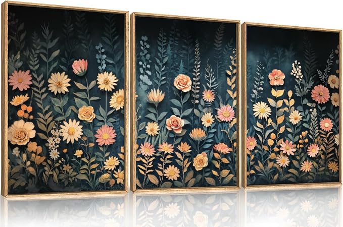 HPNIUB Vintage Dark Wildflowers Framed Wall Art Set,Modern Moody Floral Wall Decor,Botanical Colorful Vibrant Printing,Nature Spring Flower Artwork for Living Room, Bedroom,Office-16''x24''x3