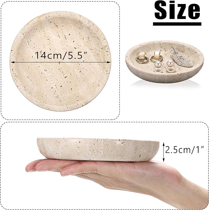 Travertine Jewelry Tray Round Trinket Dish Vintage Decorative Tray Entry Table Nightstand Bowl for Display Rings Earrings Necklace Key Organizer Home Decor