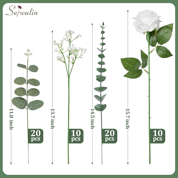 Serwalin 60 Pcs Mixed Eucalyptus Greenery Stems, White Silk Roses and Babys Breath Artificial Flowers for DIY Wedding Bouquets Home Party Arrangement Floral Vase Decor