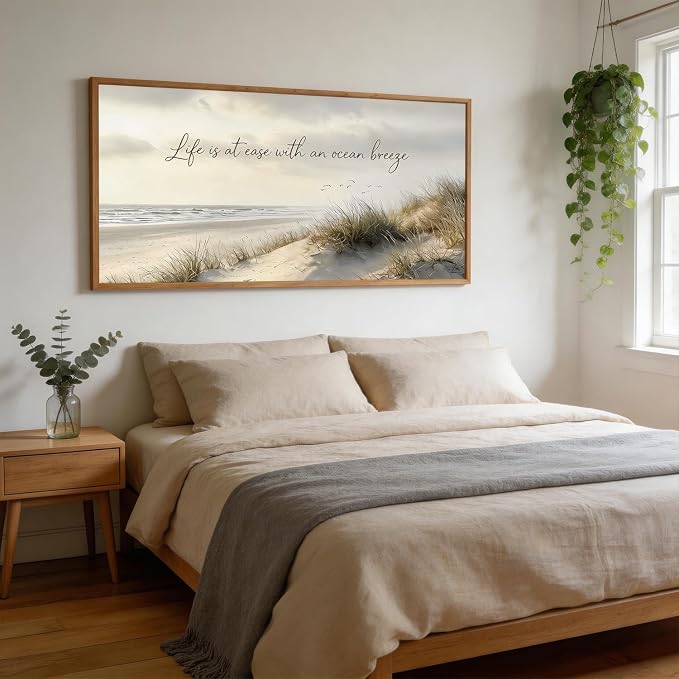CHDITB Coastal Beach Landscape Wall Art Framed, Neutral Boho Pampus Grass Beachy Scenery Canvas Artwork, Large Nautical Ocean Waves Seascape Cozy Relaxing Calming Quotes Painting Decor for Bedroom Office (40"L x 20"W)