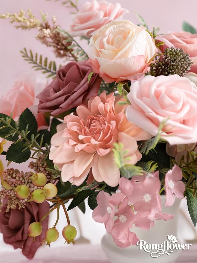 rongflower Artificial Flowers Combo Box Set Silk Flowers Fake Rose for DIY Floral Arrangements Wedding Bouquets Centerpieces Baby Shower Party Home Decorations (Pink)