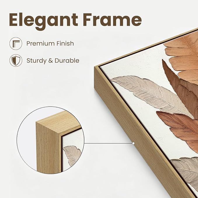 SAFERRYHOME Large 3D Leaves Hand Painted Wall Art, Textured, 27"x58" | Modern Textured Plant Framed Canvas Wall Decor, Contemporary 3D Leaf Painting Minimalist Artwork for Home Office Living Room