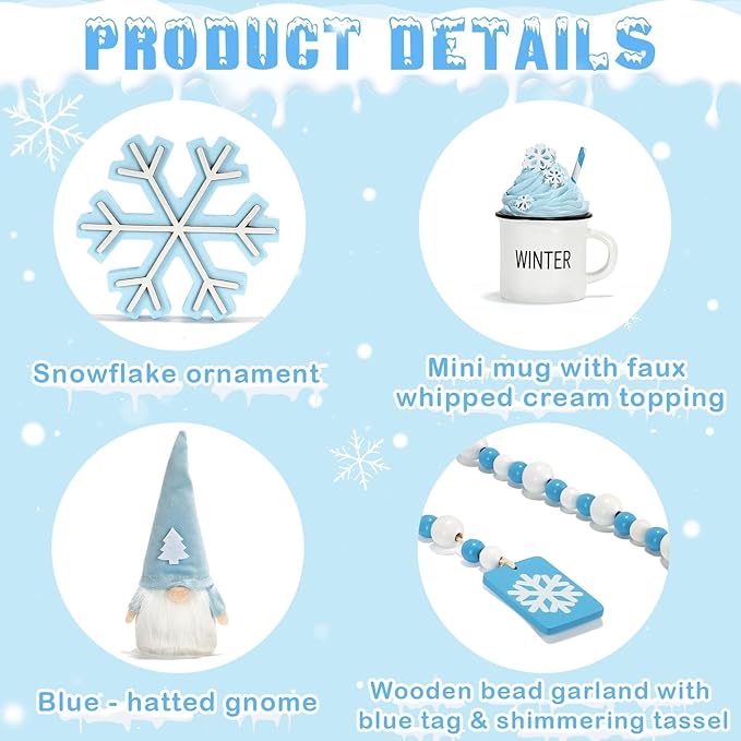 Winter Decoration for Home 8 PCS Tiered Tray Decor Set, Cute Christmas Blue Winter Decor for Shelf Mantel Office Indoor Table Centerpiece Snowflake Signs New Year Holiday Decorations Set