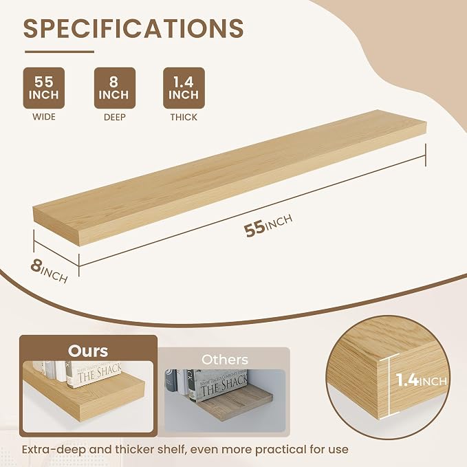 Dreamland 55 Inches Floating Shelves for Wall, 8" Deep Long Floating Shelves Set of 1, Large Display & Storage Shelf, Wall Shelf for Bathroom Bedroom Living Room Kitchen Office, Oak
