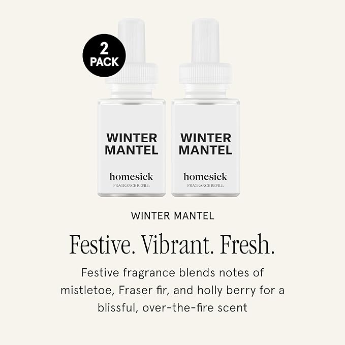 Pura & Homesick Home Scent Refill - Smart Home Air Diffuser Fragrance - Long-Lasting Luxury Scent per Refill - Clean Diffuser Fragrance - Household Essential - 2 Pack, Winter Mantel