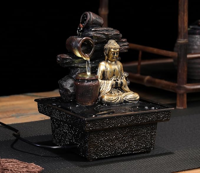 Tabletop Water Fountain Buddha Statue Desktop Indoor Waterfall Fountain Tabletop Humidifiers Home Decoration for Office, Living Room, or Bedroom