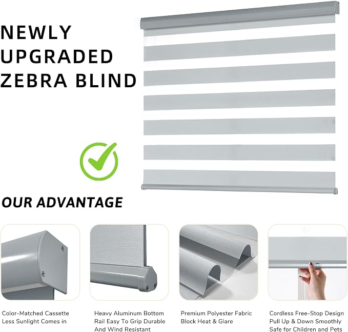 ChrisDowa Cordless Zebra Blinds for Windows, Dual Layer Free-Stop Light Filtering Window Roller Shades, Pull Down Privacy Zebra Shades for Home, Office, Bedroom, Door (69" W x 72" H, Light Grey)