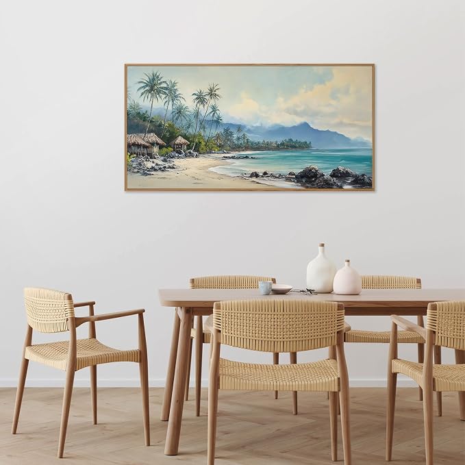 Rantodecor Tropical Coastal Framed Canvas Wall Art, Beach Landscape Posters Wall Decor, Island Palm Trees Beach House Art Paintings, Seascape Mountains Artwork for Bedroom Living Room Office 40"x20"