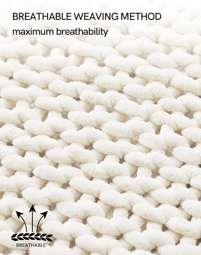 YnM Chunky Throw Blanket, Hand Knitted with Chenille Yarn, Skin Friendly, Ventilated and Breathable, Machine Washable, Home Décor Piece for Couch, Sofa and Bed (Butter Cream, 60x80 Inch)