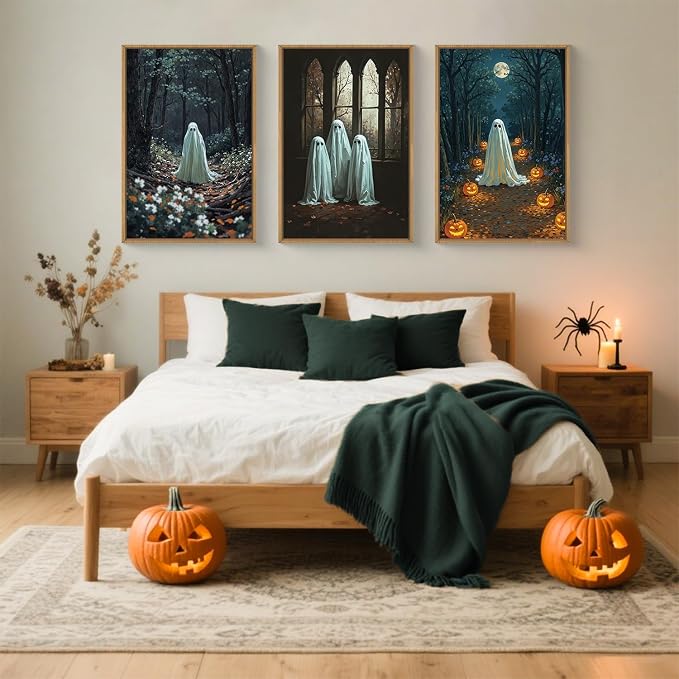 Ausril Vintage Halloween Cute Ghost Framed Wall Art Set, Scary Forest Pumpkin Wall Decor, Horror Moon Night Wall Painting, Gothic Spooky Art Print for Living Room, Bedroom, Party, Basement -16''×24''×3