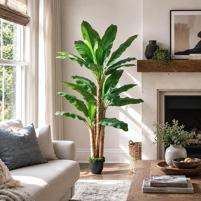 6FT Banana Tree Artificial Plant Fake Banana Leaf Plant Faux Tropical Plants Large Fake Plants Indoor in Black Pot for Living Room Bedroom Office Patio Balcony Home Decor (with Faux Moss)