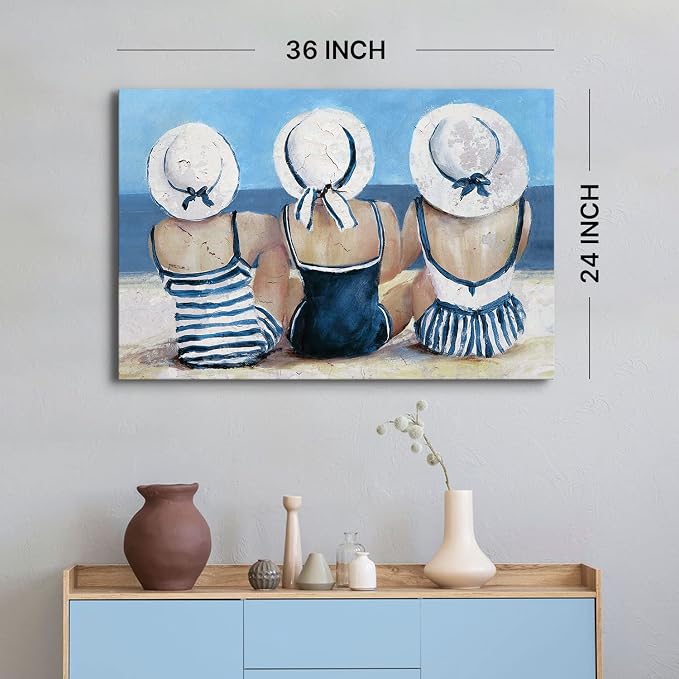 Vintage Beach Wall Art Coastal Bathroom Decor for Girl Navy Blue and White Tropical Ocean Seascape Canvas Prints Picture Retro Swimsuit Woman Nautical Artwork for Living Room Bedroom Decoration 24x36"