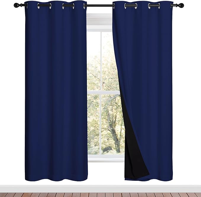 NICETOWN 100% Blackout Window Curtain Panels, Royal Blue, 2 Pieces, 42-inch Wide Per Panel, Full Light Blocking Drapes with Black Liner for Nursery, 72-inch Drop Thermal Insulated Draperies
