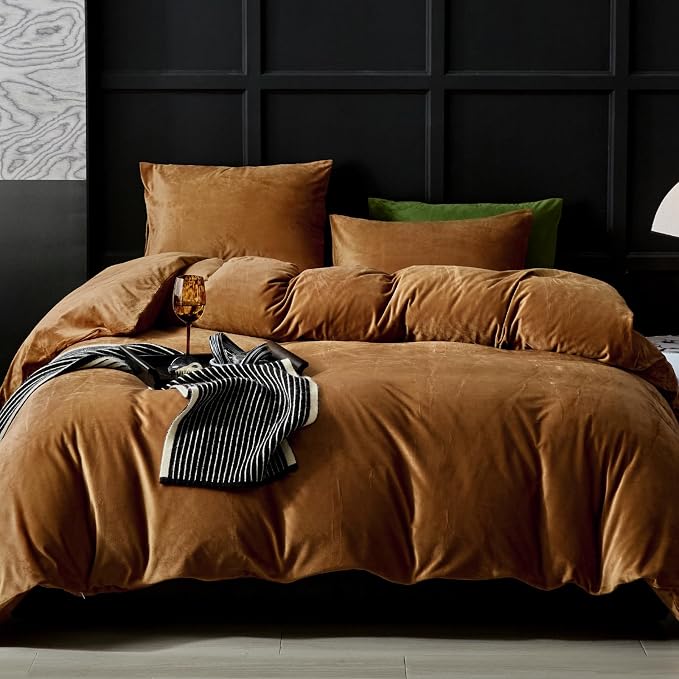 WARMDERN Camel Flannel Velvet Duvet Cover Queen Size Duvet Cover Bedding Sets, 3pcs Ultra Soft Luxury Textured Modern Crystal Velvet Duvet Covers with Zipper Closure(Camel, Queen)