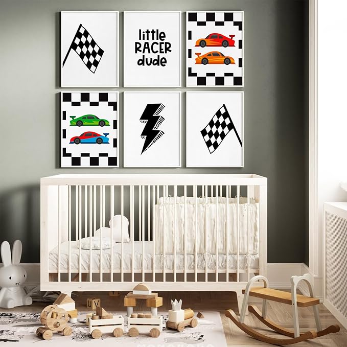 Tanmart Race Car Wall Art Pictures Boys Room Wall Decor Nursery Toddler Canvas Wall Art Kids Playroom Art Prints Boys Race Car Poster Nursery Artwork Set of 6 for Bedroom 8x10 Inch Unframed