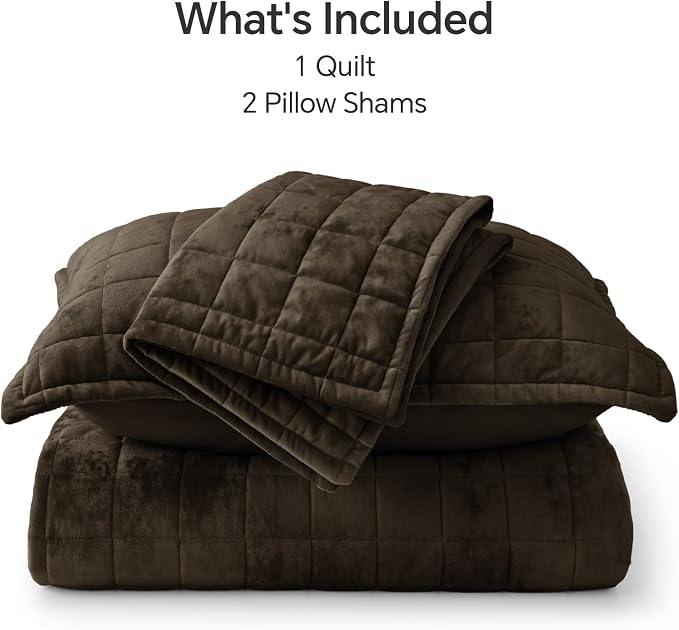 BEDELITE Velvet Quilt Set King Size - Luxury Soft Velvet Comforter Bedding Set for All Season, Lightweight Quilted Box Stitch Oversized Bedspread Coverlet with 2 Matching Shams, Mocha Brown