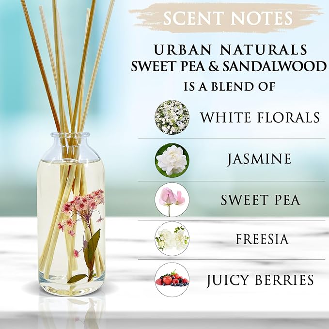 Urban Naturals Sweet Pea & Sandalwood Reed Diffuser Set | Made with Essential Oils & Real Botanicals | White Florals, Jasmine, Sweet Pea, Juicy Berries & Sandalwood | Made in the USA