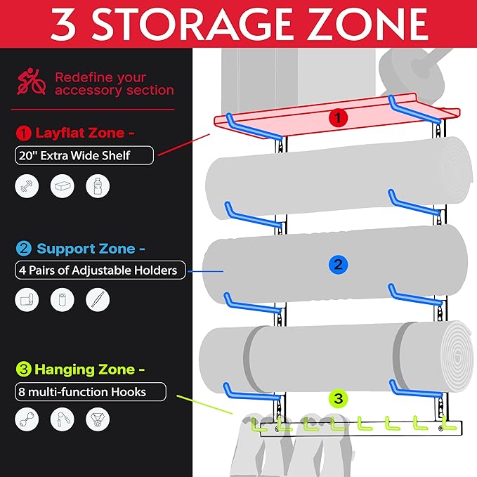 Home Gym Storage Shelf Only, Adjustable Gym Equipment Organizer Wall Mounted with 1 Board, Yoga Mat Holder, Storage Rack Compatible with Peloton Shoes & Mat, Shelf for Home Training Accessories