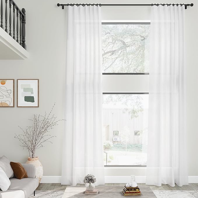 Nanspring Linen White Extra Long Curtains for Living Room Back Tab Light Filtering Semi Sheer Drapes 2 Panels Set Modern Farmhouse Decor Linen Textured Curtain for Floor to Ceiling Window 52x138
