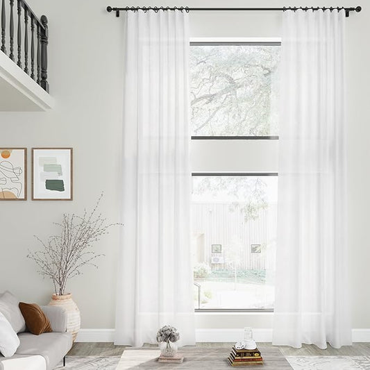 Nanspring White Linen Curtains 216 Inches Long for Living Room Extra Long Back Tab Curtains Farmhouse Light Filtering Semi Sheer Linen Drapes Ceiling to Floor for Large Window 2 Panels Set 52x216