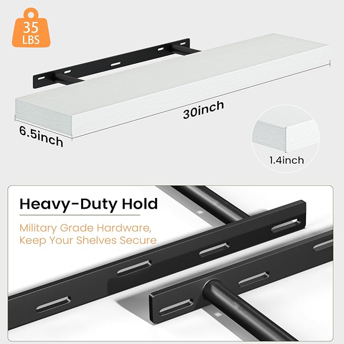 Fun Memories Floating Shelves for Wall, 30 Inch Set of 2 Rustic Wood Wall Shelves with Invisible Brackets, Heavy Duty Storage Display for Living Room Bedroom Kitchen, White