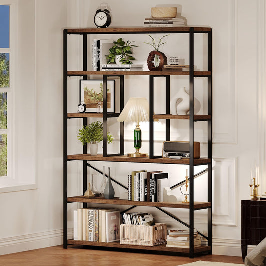 LVB Rustic Bookcases and Book Shelves, Metal Wood 6 Tier Bookshelf and Book Rack Storage, Industrial Vertical Display Etagere Book Case 6 Shelf, Vintage Large Book Shelf for Bedroom Living Room, Brown