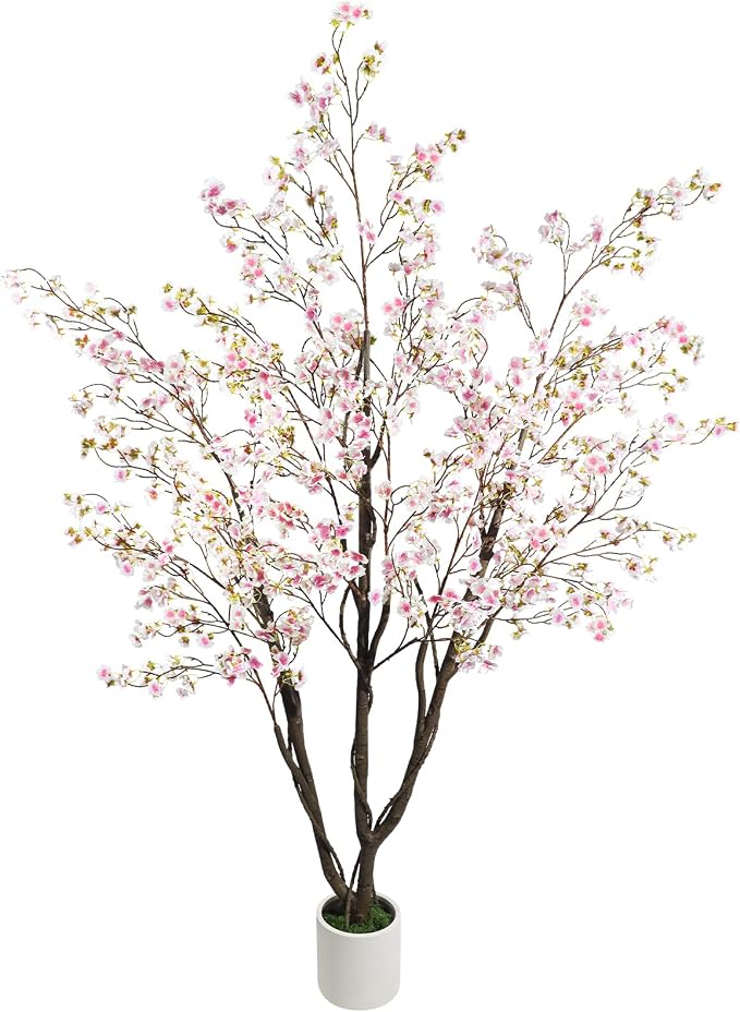 Caxchiling Artificial Cherry Blossom Tree 6FT, Pink Faux Floor Tree | Ball-Shaped Pot with Moss Topper, Lifelike Faux Tree for Home Office, Living Room, Bedroom, Doorway and Hallway Decor