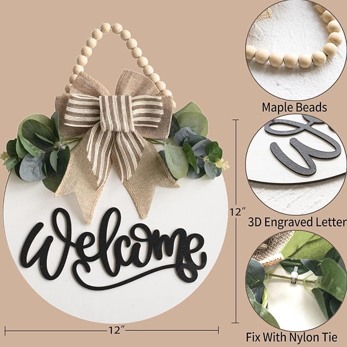 Welcome Sign for Front Door Wreath Decorations for All Seasons Front Porch Decor Hanging Gift for Farmhuose Home Outdoor Indoor (White-Welcome)