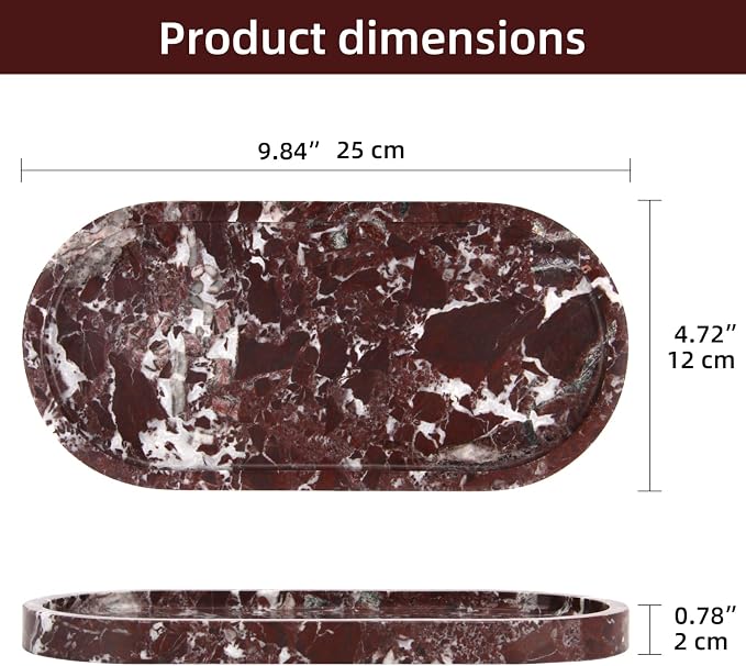 Natural Marble Tray Oval, Bathroom Vanity Tray for Countertop, Elegant Stone Decorative Organizer for Perfume, Jewelry, Home Decor (1, Rosso Lepanto, 10 x 5 x 0.6)