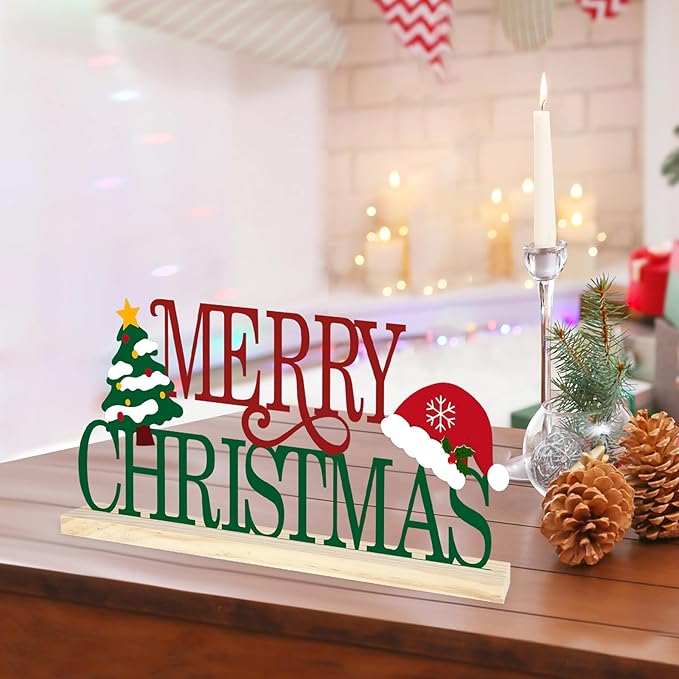 COCHIE Metal Merry Christmas Sign, Christmas Tree Table Centerpieces Decorations for Home, Office, Shelf, Mantel, Indoor, Xmas Red and Green Party Decor Supplies (XMAS A)