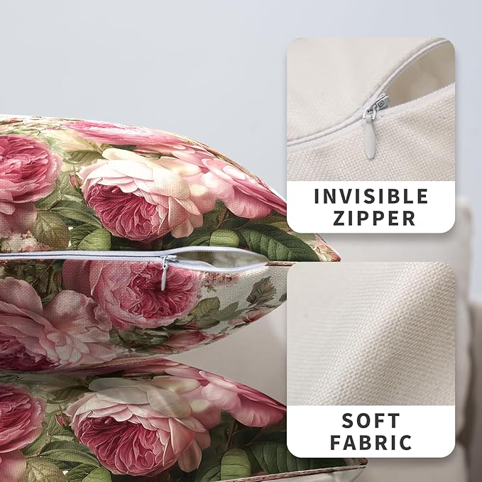 Rose Pillow Covers Spring Summer Pink Floral Throw Pillow Covers 18x18 Set of 2 Shabby Chic Pillow Cases Peony Flower Vase Cushion Cases for Home Farmhouse Couch Sofa Decor