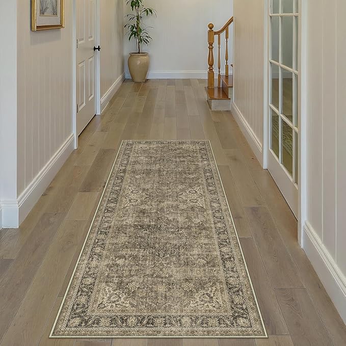 3x7 Washable Runner Rug Brown Vintage Non Slip Soft Low Pile Hallway Kitchen Rug Distressed Oriental Carpet for Laundry Bathroom Bedroom Living Room Home Decor