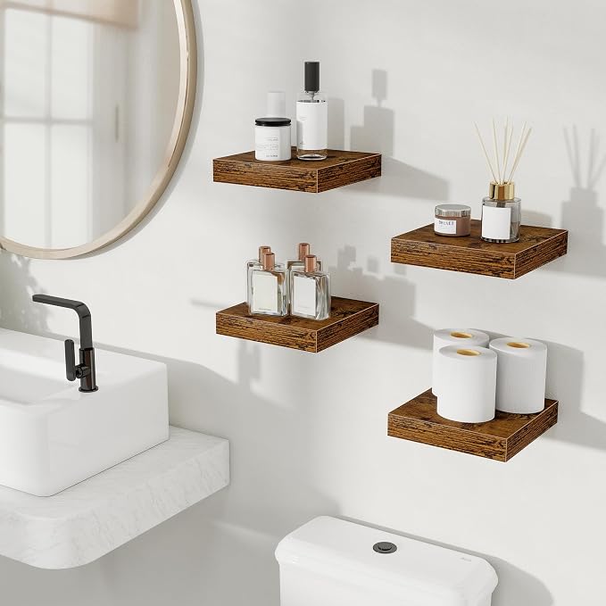 Fun Memories Floating Shelves for Wall, 8 Inch Set of 4 Rustic Wood Wall Shelves with Invisible Brackets, Heavy Duty Storage Display for Bathroom Bedroom Living Room Kitchen, Brown