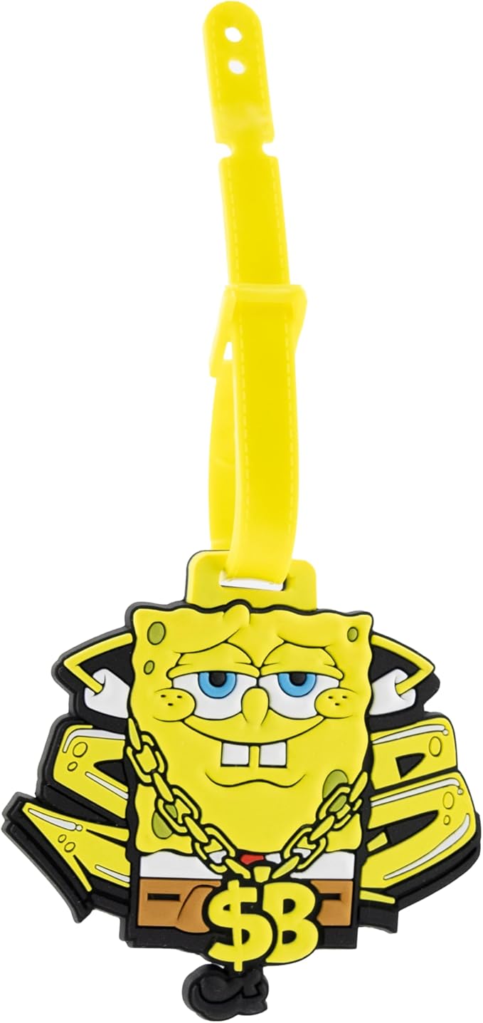 Fast Forward SpongeBob SquarePants Backpack for Teens | 16" Saffiano Leather School Bookbag with Rubber Luggage Tag | SpongeBob Bag for Boys, Girls, Unisex | Officially Licensed Nickelodeon