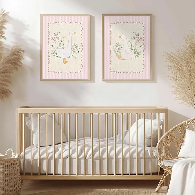 Vintage Nursery Wall Art Silly Goose Canvas Poster Pink Coquette Wall Decor Girls Room Pictures Baby Kids Poster Cute Animal Prints Floral Painting Artwork for Gallery Bedroom 16x24 Inch Unframed