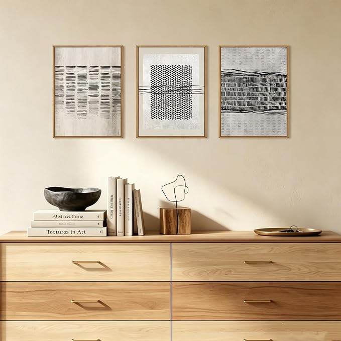 Large Abstract Black and Beige Framed Canvas Wall Art,Minimalist Geometric Lines Wall Decor,Cozy Neutral Shapes Artwork,Modern Lines Dots Art Print for Living Room,Bedroom,Office- 12"x16"x3