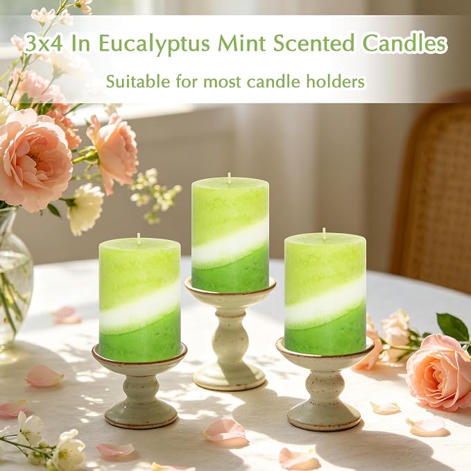 Eucalyptus Mint Scented Pillar Candles, 3x4 Inch, 100% Cotton Core Handmade Striped Paraffin Wax with Candles for Bathroom Living Room Home Decor, Set of 3, 50H+ Burn Time