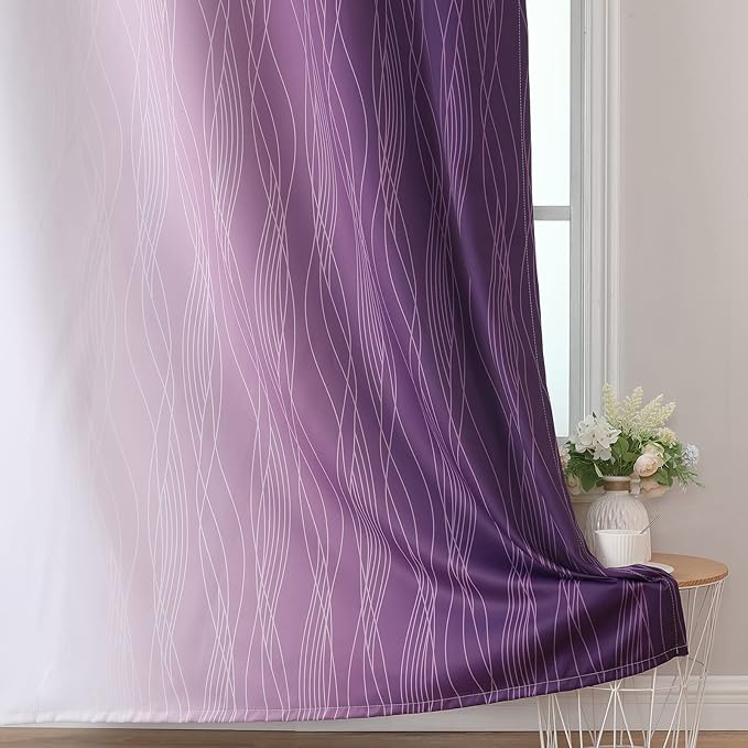Estelar Textiler Purple and Greyish White Blackout Curtains 96 Inches Long, Full Room Darkening Grommet Curtains for Bedroom, Thermal Insulated Ombre Blackout Drapes for Living Room, 52Wx96L, 2 Panels