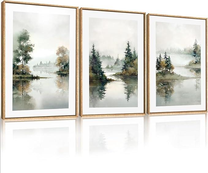 Large Foggy Forest Landscape Framed Canvas Wall Art Set,Natural Lake Scenery Wall Decor,Watercolor Pine Tree Art Painting for Living Room,Bedroom,Dining Room,Office -16"x24"x3